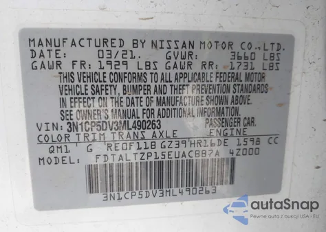 2021 Nissan Kicks Sr Xtronic Cvt из США, поврежденный, VIN 3N1CP5DV3ML490263